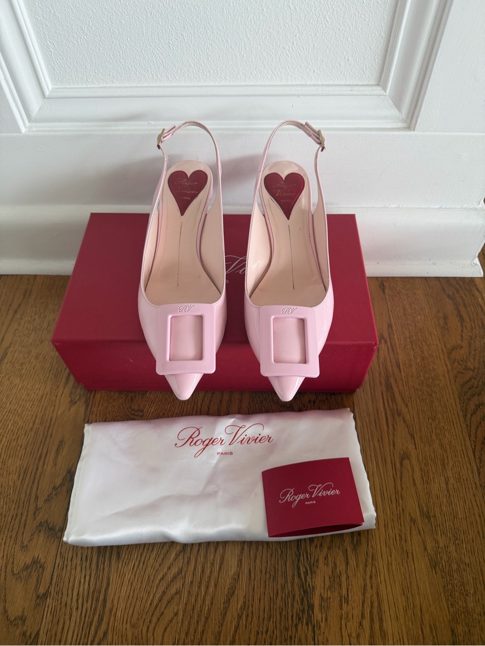 Roger Vivier Virgule Buckle Pink Patent Slingback Pumps size 7.5